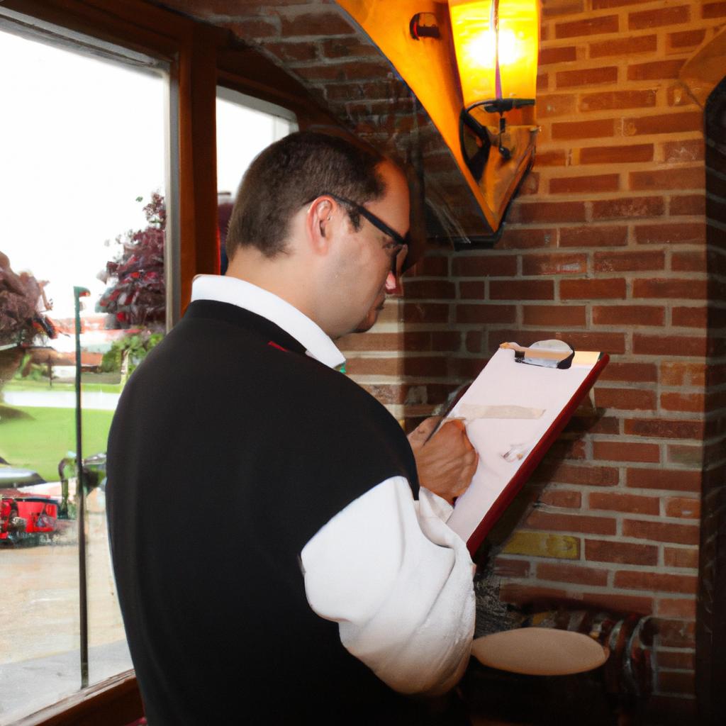Person inspecting restaurant with clipboard